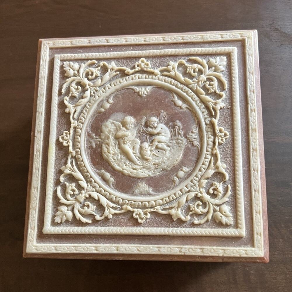 Incolay Stone Cherub Relief Victorian Square Trinket Box with Lid, 6"